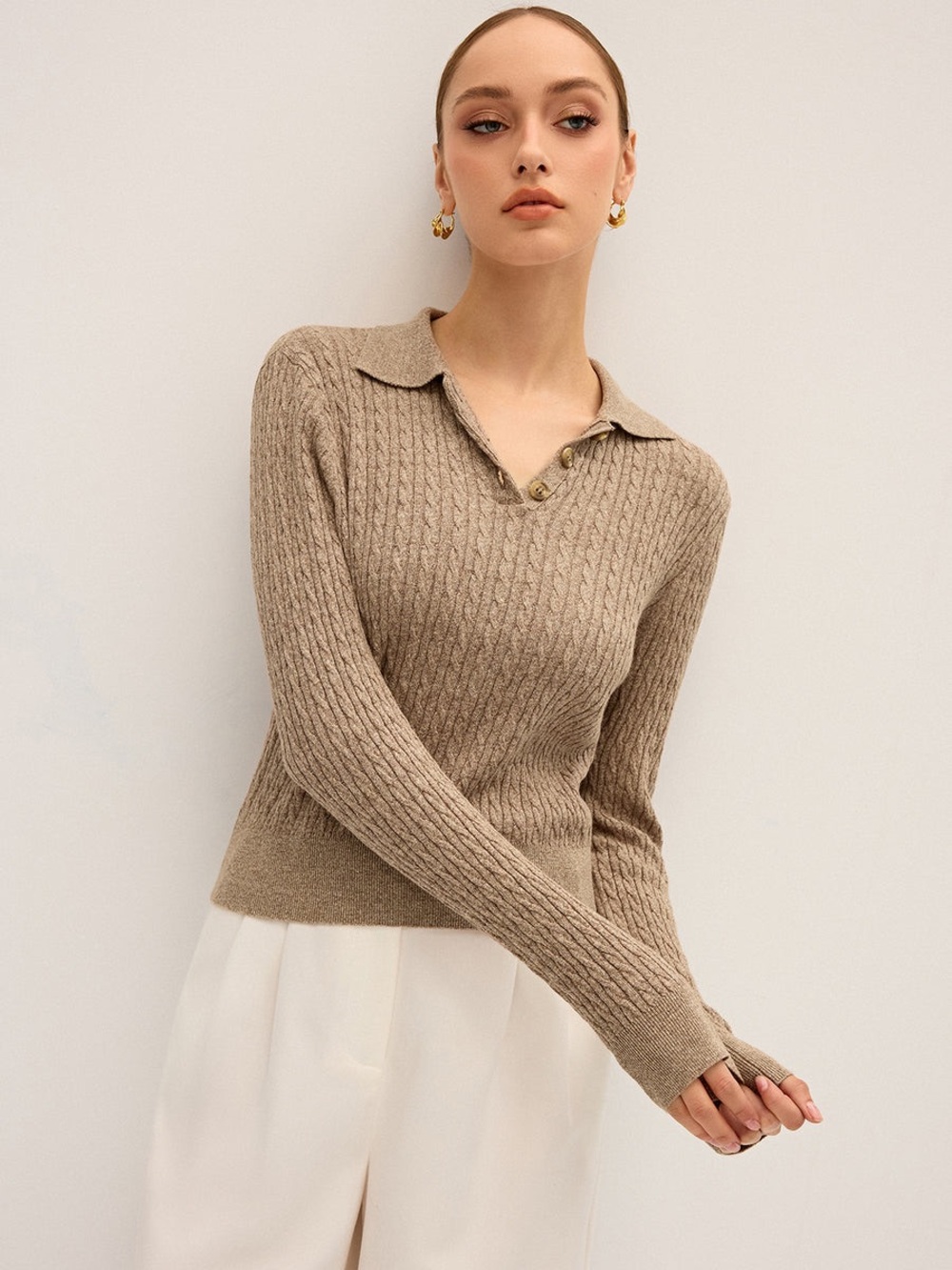 COMMENSE Cable-Knit Cotton Collar Sweater